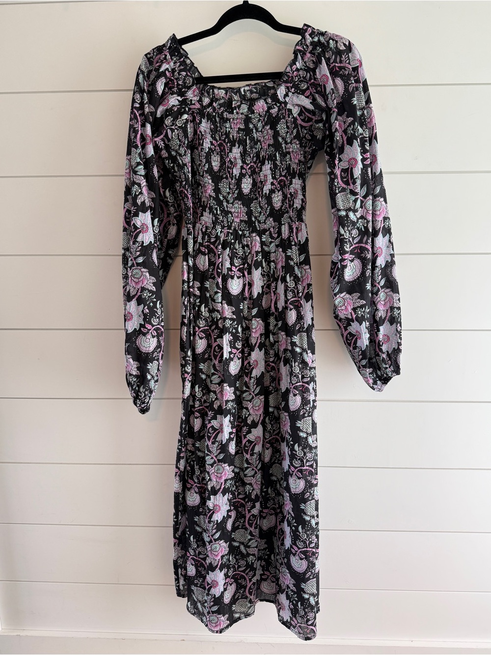 Mille Black Floral Maxi Dress with Pink Accents and Smocked Bodice, Size Medium